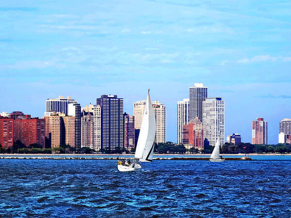 Chicago Poster featuring the photograph Chicago IL - Two Sailboats Against Chicago Skyline by Susan Savad