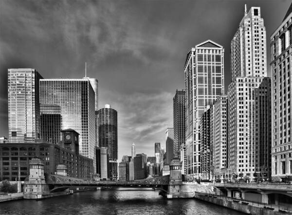 Chicago Poster featuring the photograph Chicago River in Black and White by Sebastian Musial