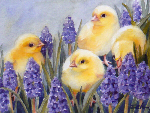 Baby Chicks Poster featuring the painting Chicks Among the Hyacinth by Janet Zeh