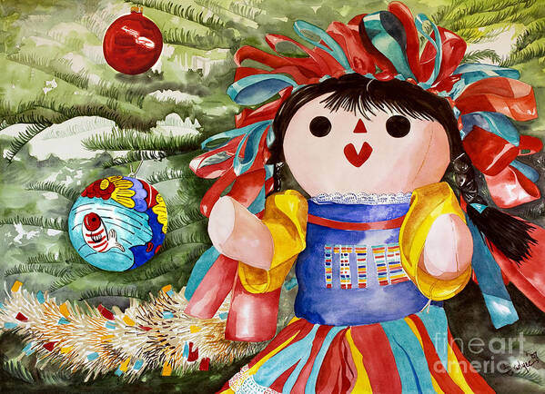Christmas Doll Poster featuring the painting Christmas Muneca by Kandyce Waltensperger