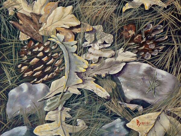 Outdoors Poster featuring the painting Cones Rocks Leaves and Needles by Ray Nutaitis