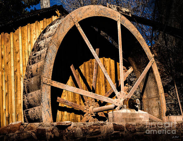 Crescent Moon Ranch Poster featuring the photograph Old Building and Water Wheel by Jon Burch Photography