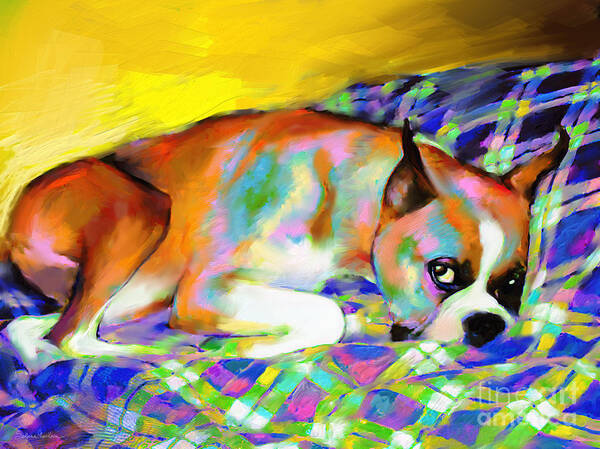 Boxer Painting Poster featuring the painting Cute Boxer Dog portrait painting by Svetlana Novikova