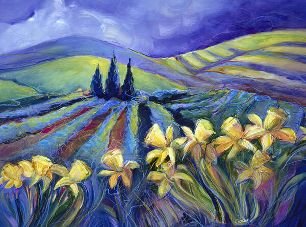 Jen Norton Poster featuring the painting Daffodils and Stormclouds by Jen Norton