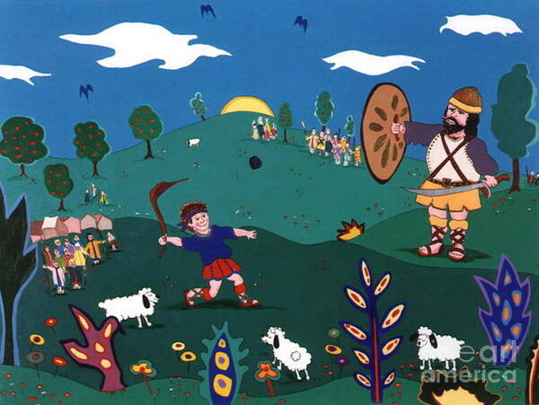 Biblical Poster featuring the painting David and Goliath by Joyce Gebauer