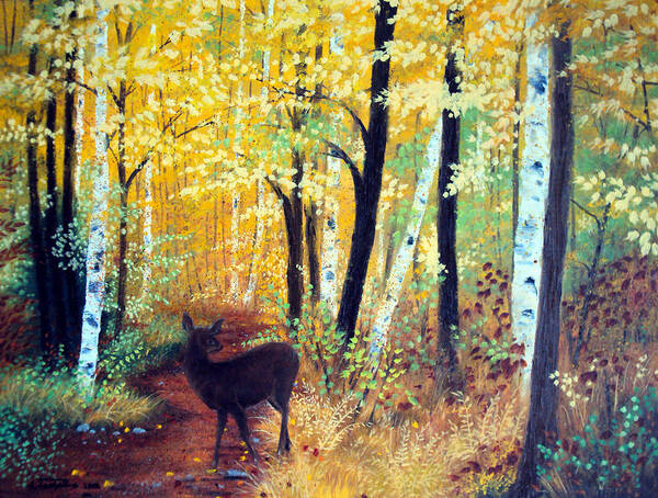 Maine Poster featuring the painting Deer On Fall Woods Path by Laura Tasheiko
