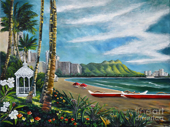 Diamond Head Poster featuring the painting Diamond Head Waikiki by Larry Geyrozaga