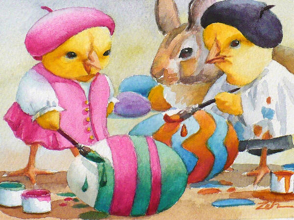 Ferdinand And Nina Poster featuring the painting Easter Egg Artists by Janet Zeh