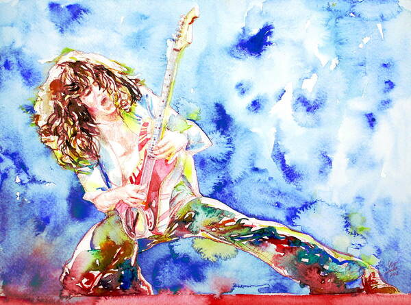 Van Halen Poster featuring the painting EDDIE VAN HALEN PLAYING the GUITAR.1 watercolor portrait by Fabrizio Cassetta