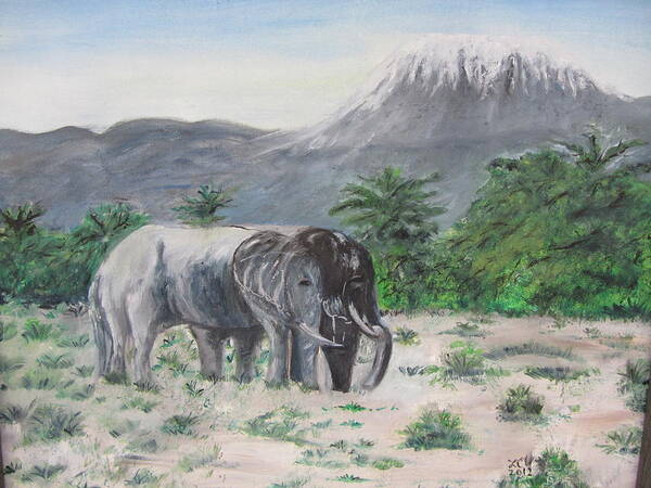 Landscape With Elephants And A View Of Mr. Kilimanjaro. Poster featuring the painting Elephants strolling with view of Mt. Kilimanjaro by Lucille Valentino