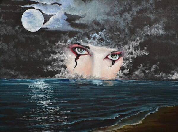  A Futuristic Painting Of A Womans' Face Coming Out Of The Ocean During A Full Moon. There Are Clouds And Waves Hittng A Sandy Dark Beach. Poster featuring the painting Empress Alexandra Rising by Martin Schmidt