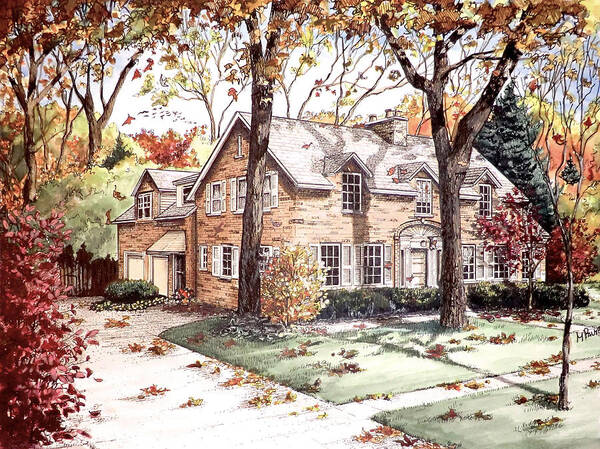 Architectural Poster featuring the drawing Fall Home Portriat by Mary Palmer