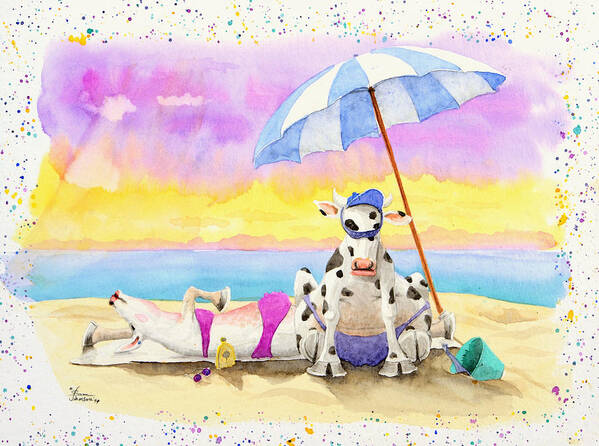 Fat Cows On A Beach Poster featuring the painting Fat Cows on a Beach 2 by Sam Davis Johnson