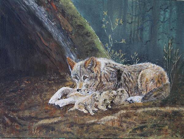 Wolf Mother And Cubs Poster featuring the painting First Time Out by Cecile Fortier