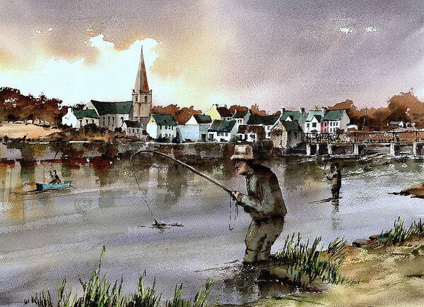 Val Byrne Poster featuring the painting MAYO Fishing the Ridge Pool on the River Moy by Val Byrne