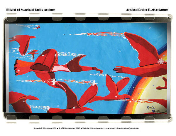 Seagulls Poster featuring the painting Flight of Magical Gulls Anime by Kevin Montague