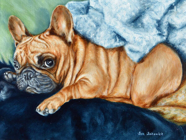 Custom Dog Painting Portrait Poster featuring the painting French Bulldog I am cute but leave me alone look by Sun Sohovich