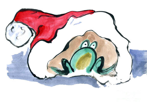 Sumi-e Poster featuring the painting Frogg in a Santa Hat by Ellen Miffitt