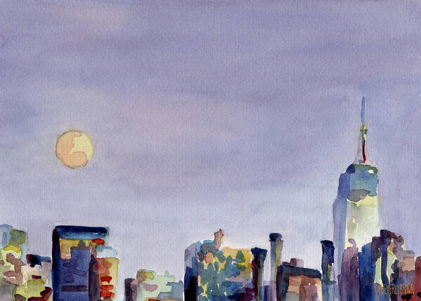 New York Poster featuring the painting Full Moon and Empire State Building Watercolor Painting of NYC by Beverly Brown