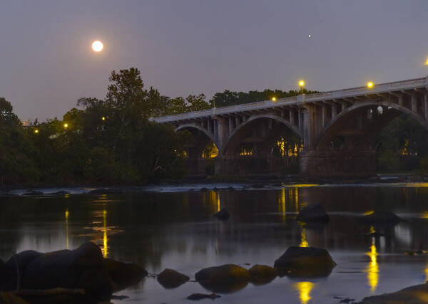 Gervais Street Bridge Poster featuring the photograph Gervais Street Bridge, Full Moon and Jupiter by Charles Hite