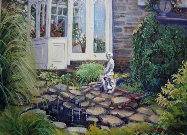Garden Poster featuring the painting Geraniums in the Window by Bonita Waitl