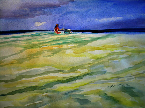 Beach Watercolors Poster featuring the painting Girl with dog on the beach by Julianne Felton