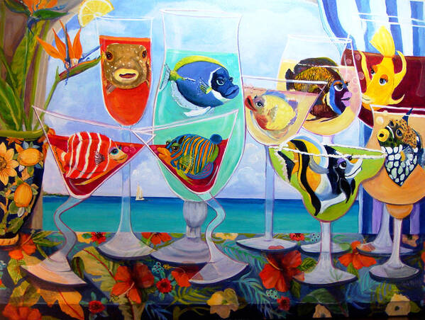 Cocktail Art Poster featuring the painting GirlFINS in Paradise by Linda Kegley