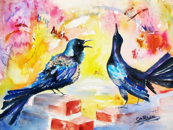 Bird Poster featuring the painting Grackles and Graffiti by Carlin Blahnik CarlinArtWatercolor