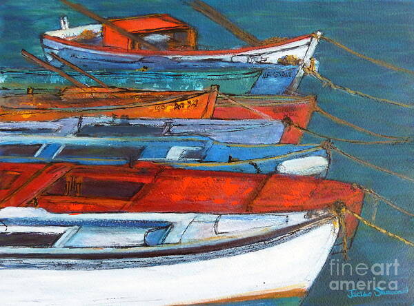  Poster featuring the painting Greek Boats - Methoni by Jackie Sherwood