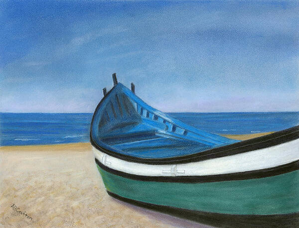 Boat Poster featuring the painting Green Boat Blue Skies by Arlene Crafton