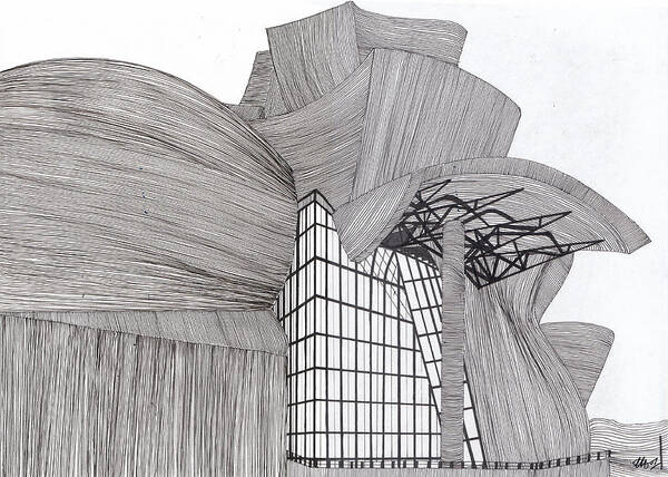 Guggenheim Poster featuring the drawing Guggenheim-Bilbao by Laura Hol Art