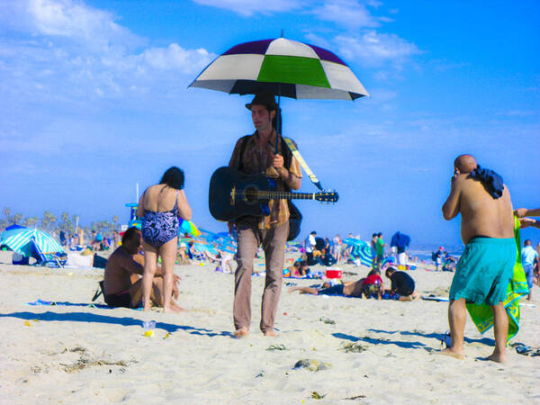 Rebecca Dru Photography Poster featuring the photograph Guitar Man with Umbrella by Rebecca Dru