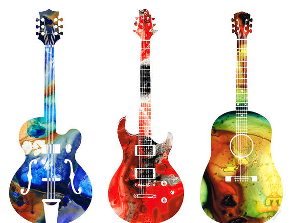 Guitar Poster featuring the painting Guitar Threesome - Colorful Guitars By Sharon Cummings by Sharon Cummings