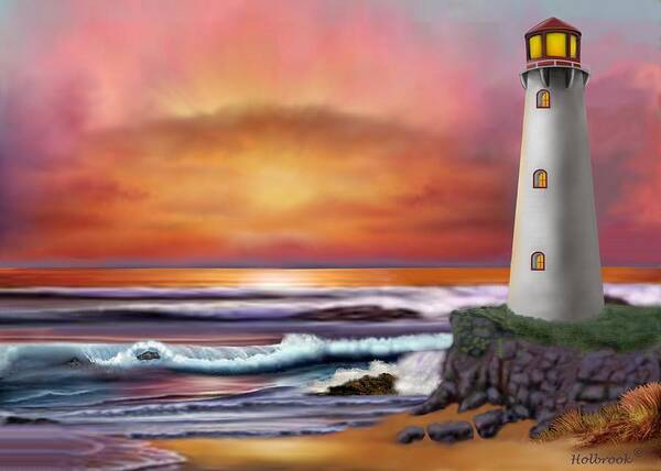 Hawaii Poster featuring the digital art Hawaiian Sunset Lighthouse by Glenn Holbrook
