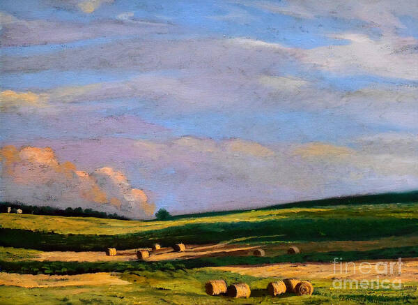 Farm Poster featuring the painting Hay Rolls on the Farm in Westmoreland County Pennsylvania by Christopher Shellhammer
