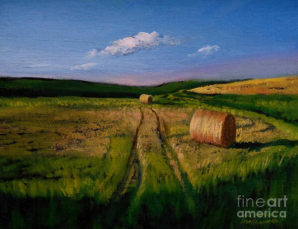 Farm Poster featuring the painting Hay Rolls on the Field by Christopher Shellhammer