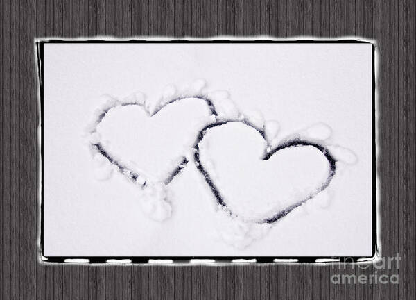 Snow Poster featuring the photograph Hearts on Snow with Wood Panel Background by Beverly Claire Kaiya
