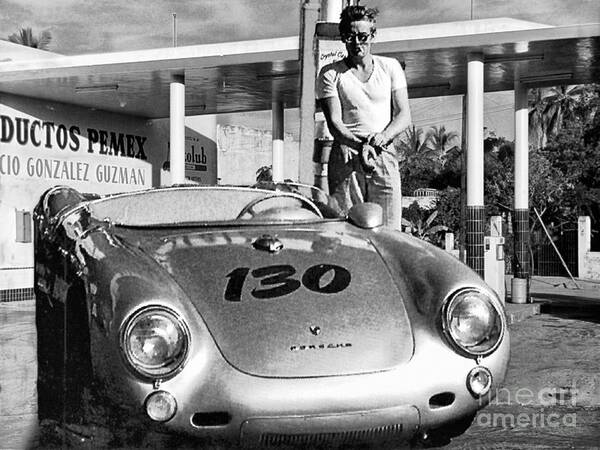 Art Digital Art Poster featuring the photograph James Dean filling his Porsche 550 Spyder, in a Gas Station in Mexico. by Doc Braham