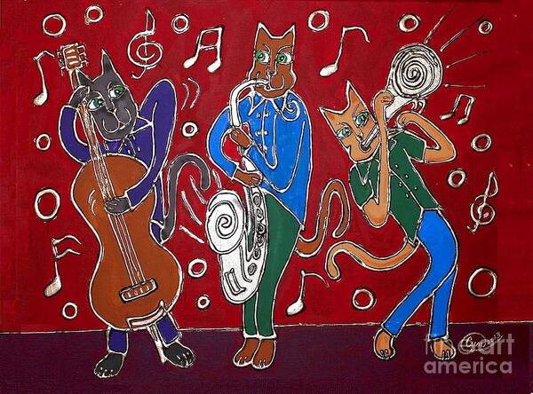 Jazz Poster featuring the painting Jazz Cat Trio by Cynthia Snyder