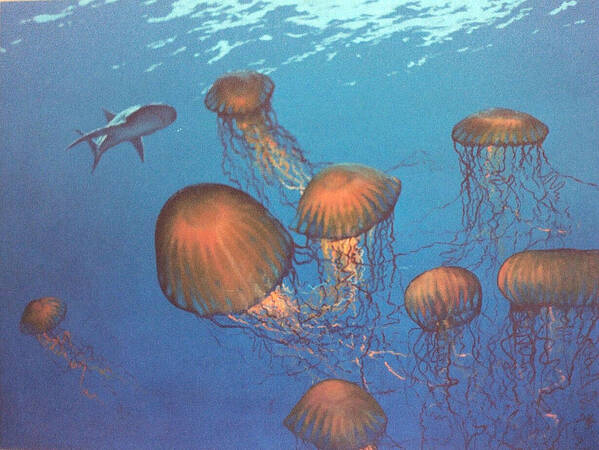 Underwater Poster featuring the painting Jellyfish and Mr. Bones by Philip Fleischer