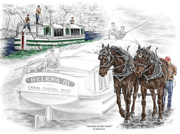 Canal Poster featuring the drawing Journeys on the Canal - Canal Boat Print color tinted by Kelli Swan