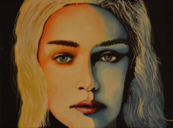 This Is A Painting Of Khalessi From The Series The Game Of Thrones. Her Face Is Painted In Two Different Colors. The Blue Represents Her Cold Side And The Bright Colors Her Caring Side. Poster featuring the painting Khaleesi Game of Thrones by Martin Schmidt