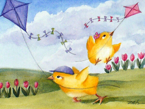 Baby Chicks Print Poster featuring the painting Kites in March by Janet Zeh