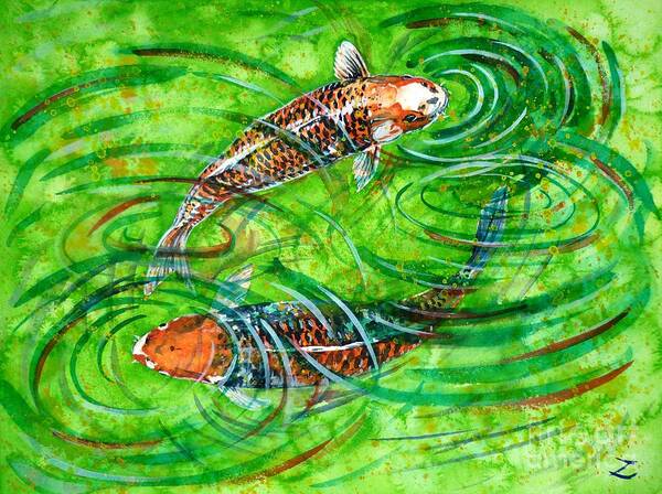 Koi Poster featuring the painting Koi Carps by Zaira Dzhaubaeva