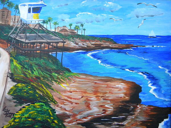 La Jolla Poster featuring the painting La Jolla Coast with Life Guard Tower by Eric Johansen