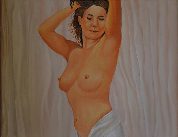 This Is An Oil Painting Of A Nude Woman In A Satin Sheet. I Also Used A Satin Sheet For The Background In This Painting. This Is A Painting From A Model In This Type Of Pose. I Used A Brighter Flesh Tone So The Female Would Stand Out In This Painting. I Painted Her Eyes Closed To Show A Calm Expression. The Size Of This Painting Is 11x14 Inches Without A Frame. Poster featuring the painting Nude in Satin by Martin Schmidt