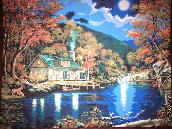 Lake Poster featuring the painting Lakeside Cabin by Lisa Haltiwanger