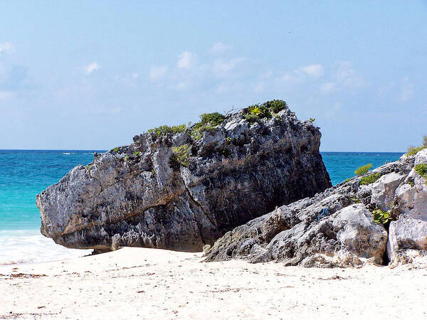 Tulum Poster featuring the photograph Large Boulder on Beach at Tulum by Tom Doud