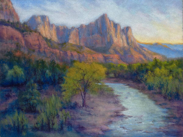 The Watchman Poster featuring the painting Last Light Zion Cznyon by Marjie Eakin-Petty