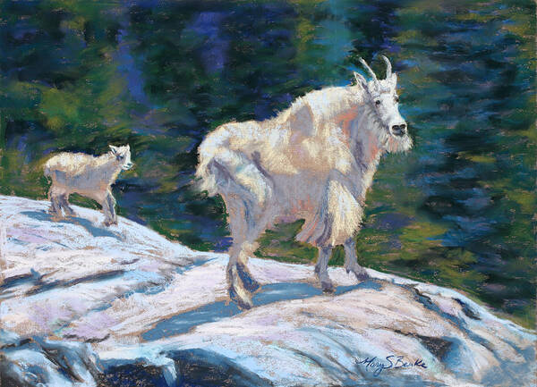 Mountain Goats Poster featuring the painting Learning to Walk on the Edge by Mary Benke